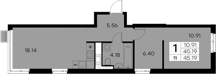 1-комнатная квартира 45.19 м², 3/8 эт., ЖК «Glorax City Балтийская»
